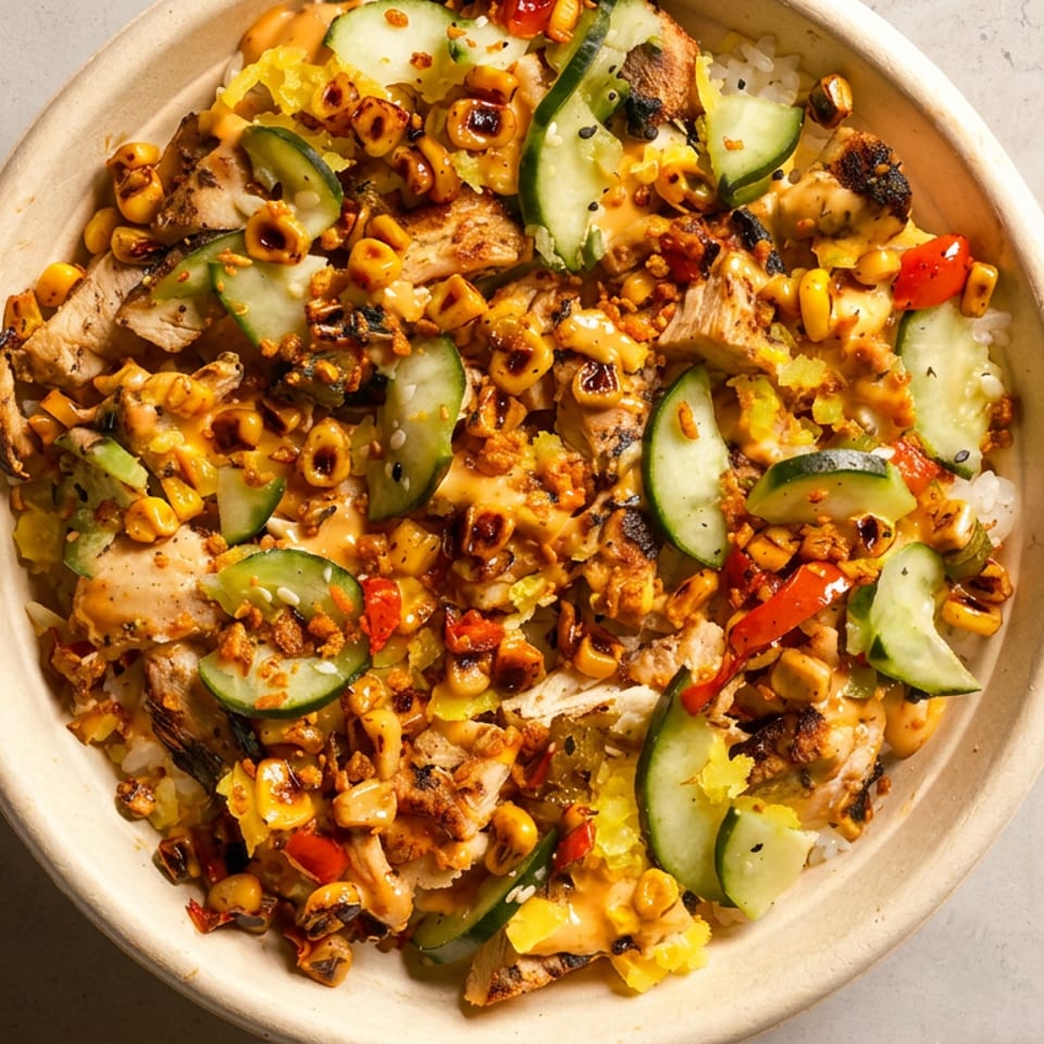 Overhead view of a bowl with grilled chicken, corn, cucumbers, and red peppers over rice.