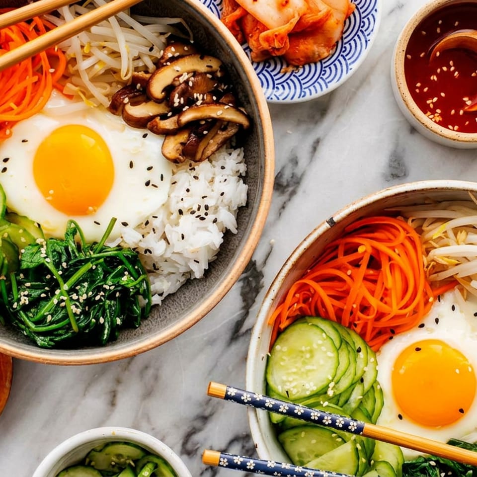 Two colorful bowls of bibimbap with fried eggs, vegetables, rice, and chopsticks on a marble surface.