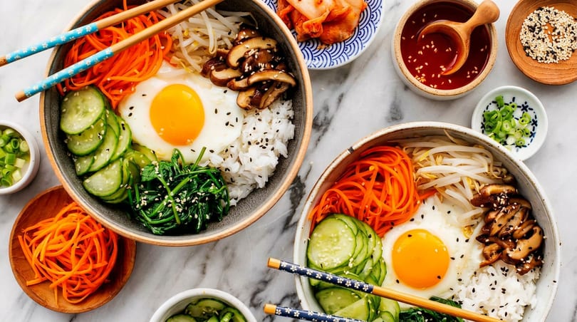 Two colorful bowls of bibimbap with fried eggs, vegetables, rice, and chopsticks on a marble surface.