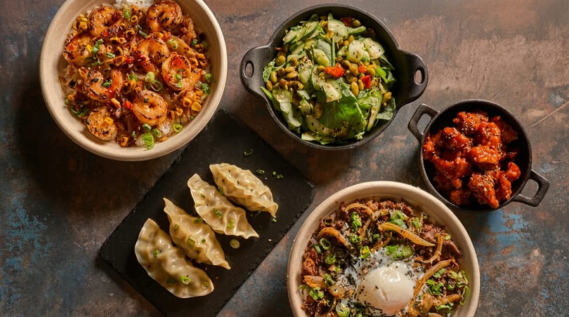 An overhead view of various Asian dishes, including shrimp, dumplings, salad, and beef bowls.