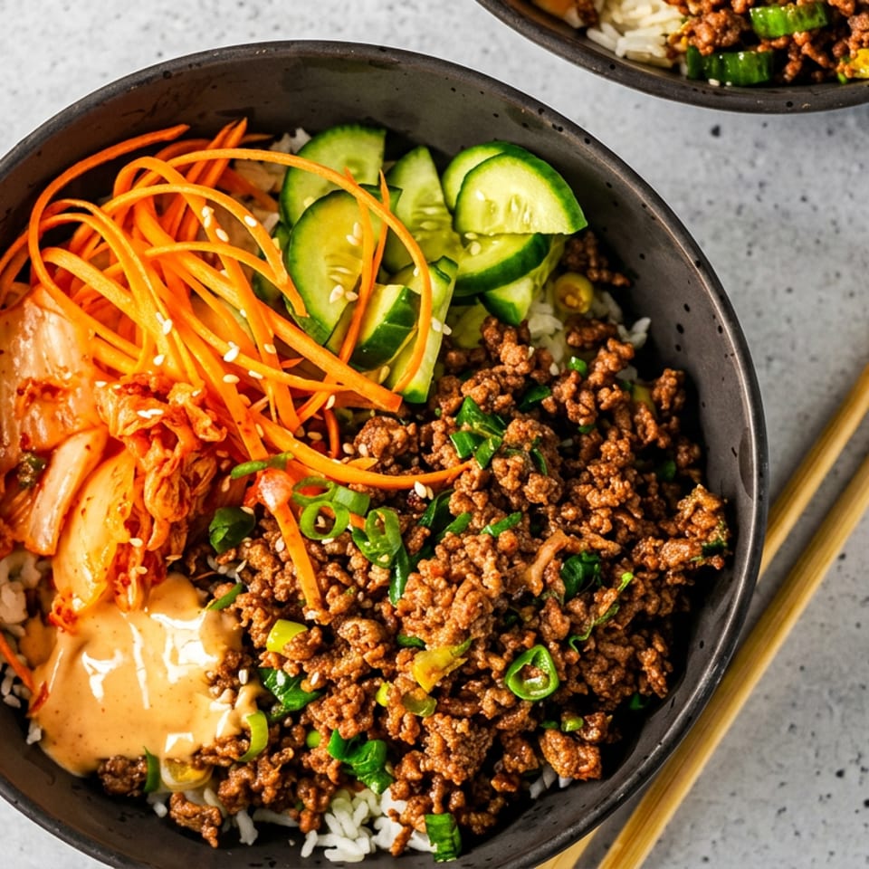 A black bowl of Korean ground beef and rice, topped with kimchi, carrots, cucumbers, and sauce.