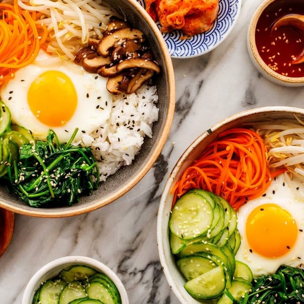 Two colorful bibimbap bowls with rice, vegetables, fried eggs, and side dishes on a marble surface.