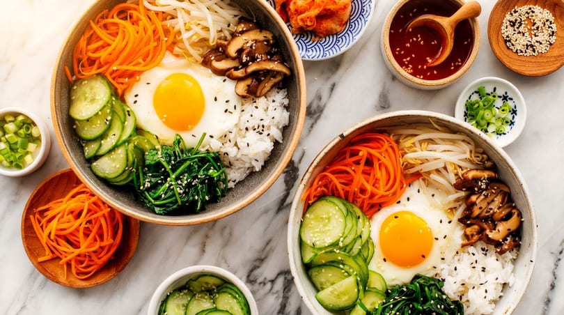 Two colorful bibimbap bowls with rice, vegetables, fried eggs, and side dishes on a marble surface.