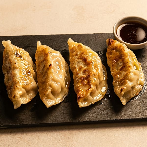 Four golden-brown pan-fried dumplings with a side of dark dipping sauce on a black slate.