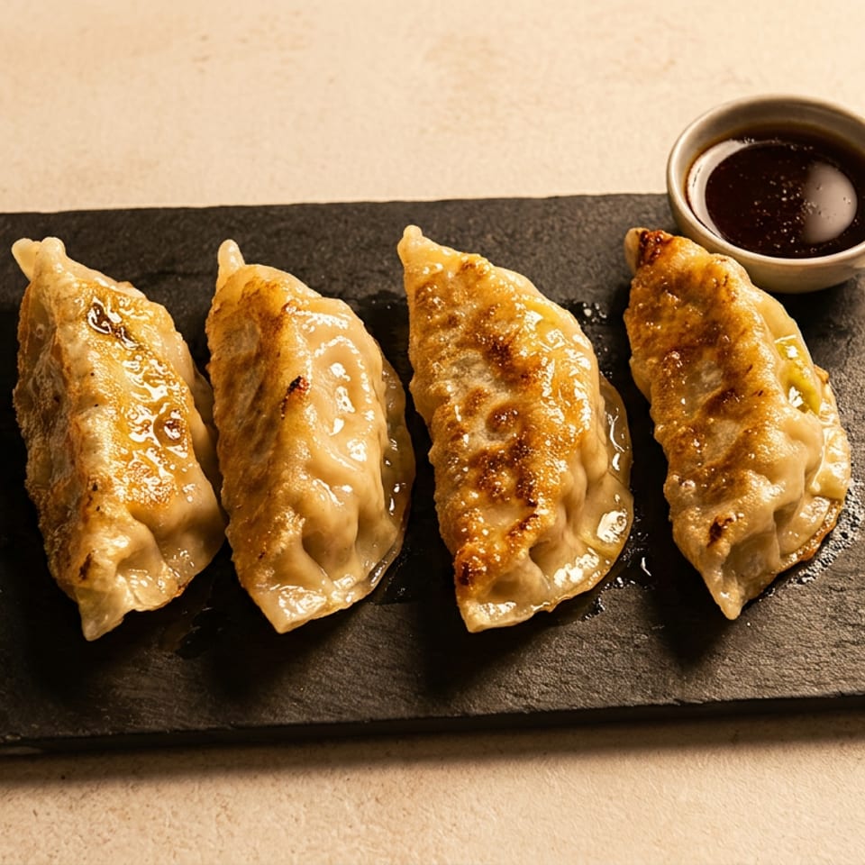 Four golden-brown pan-fried dumplings with a small bowl of dark dipping sauce on a black slate.