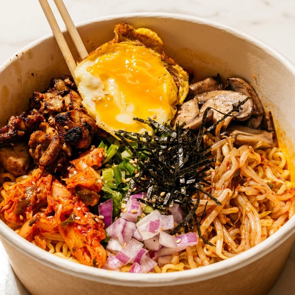 A Korean ramen bowl with kimchi, grilled chicken, fried egg, mushrooms, and bean sprouts.